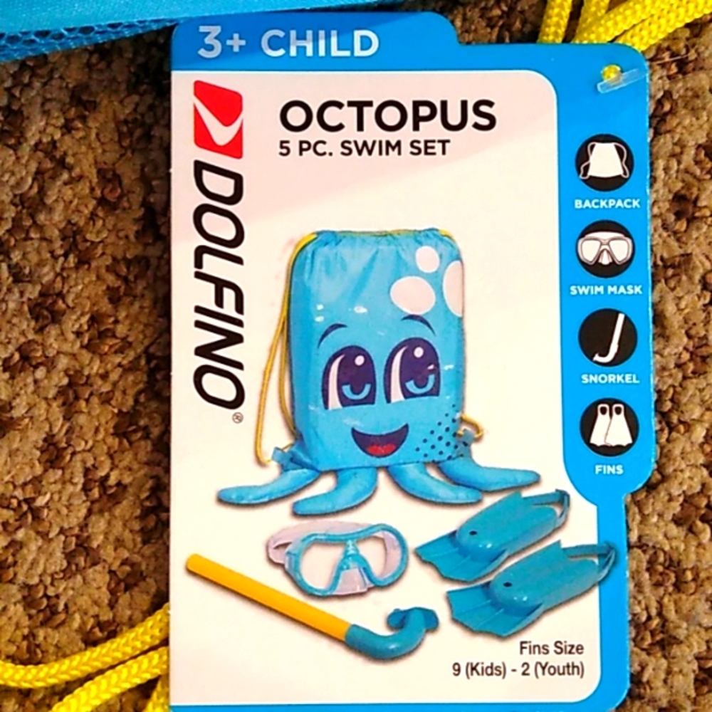 NWT Swim set 5 Pieces Blue Octopus String Backpack by Dolfino Fins Mask Snorkel